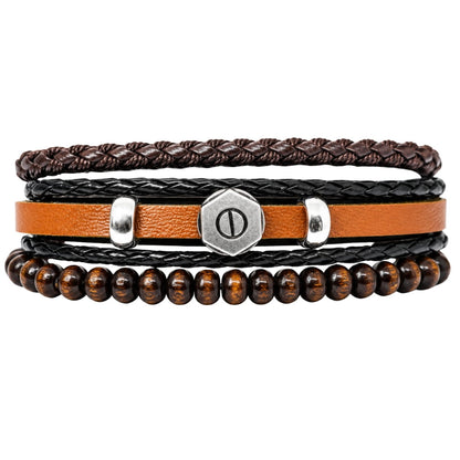 THE MEN THING Leather Bracelet HEX BOLT BROWN - 3Pcs Genuine Leather Adjustable Bracelets Set for Men & Boys (8 inch)