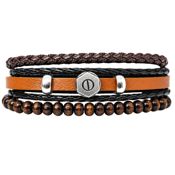 HEX BOLT BROWN - 3Pcs Genuine Leather Adjustable Bracelets Set for Men & Boys (8 inch)