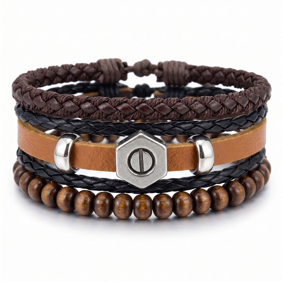 THE MEN THING Leather Bracelet HEX BOLT BROWN - 3Pcs Genuine Leather Adjustable Bracelets Set for Men & Boys (8 inch)