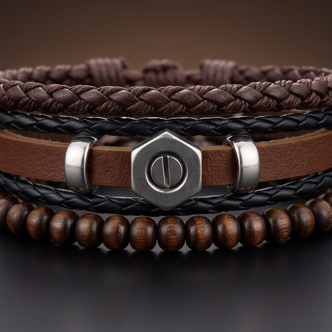 THE MEN THING Leather Bracelet HEX BOLT BROWN - 3Pcs Genuine Leather Adjustable Bracelets Set for Men & Boys (8 inch)