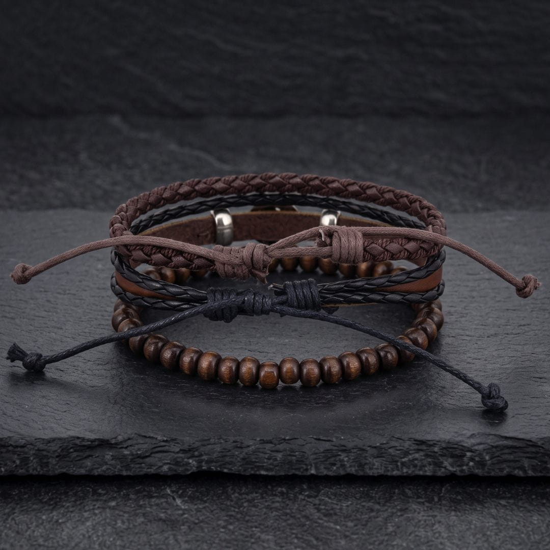 THE MEN THING Leather Bracelet HEX BOLT BROWN - 3Pcs Genuine Leather Adjustable Bracelets Set for Men & Boys (8 inch)