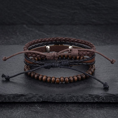 THE MEN THING Leather Bracelet HEX BOLT BROWN - 3Pcs Genuine Leather Adjustable Bracelets Set for Men & Boys (8 inch)
