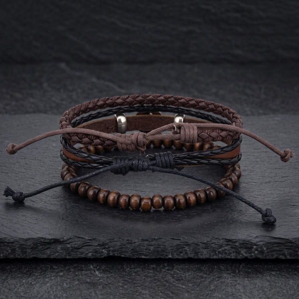 HEX BOLT BROWN - 3Pcs Genuine Leather Adjustable Bracelets Set for Men & Boys (8 inch)