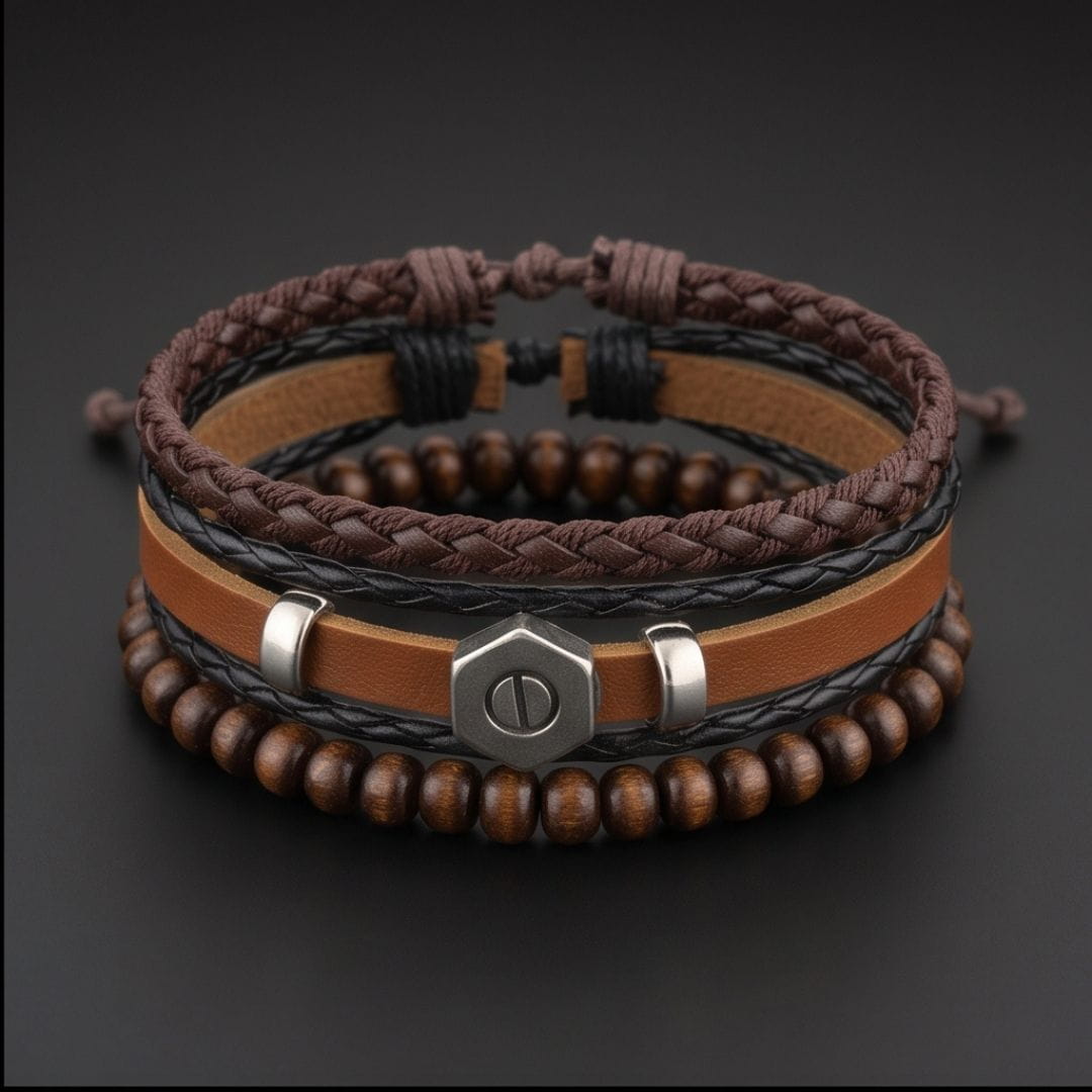 THE MEN THING Leather Bracelet HEX BOLT BROWN - 3Pcs Genuine Leather Adjustable Bracelets Set for Men & Boys (8 inch)