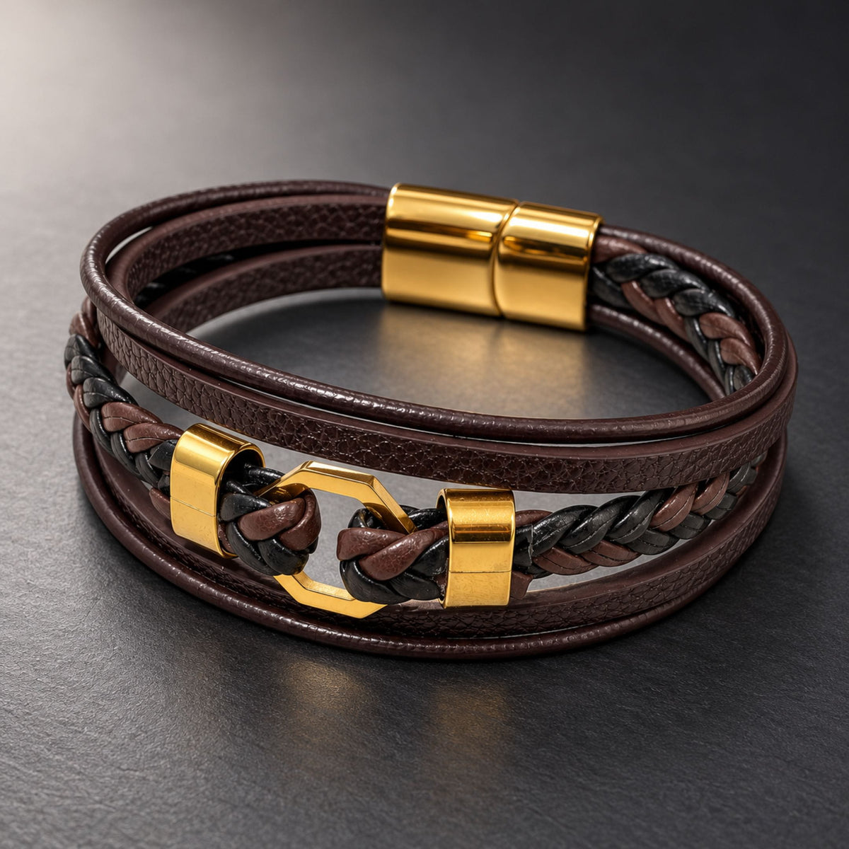 THE MEN THING Leather Bracelet HEX KNOT - Genuine Leather Multi-Layer Bracelet with Stainless Steel Magnetic Buckle for Men & Boys (8 inch)