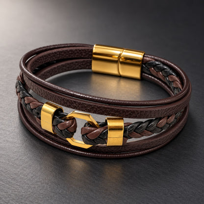 THE MEN THING Leather Bracelet HEX KNOT - Genuine Leather Multi-Layer Bracelet with Stainless Steel Magnetic Buckle for Men & Boys (8 inch)