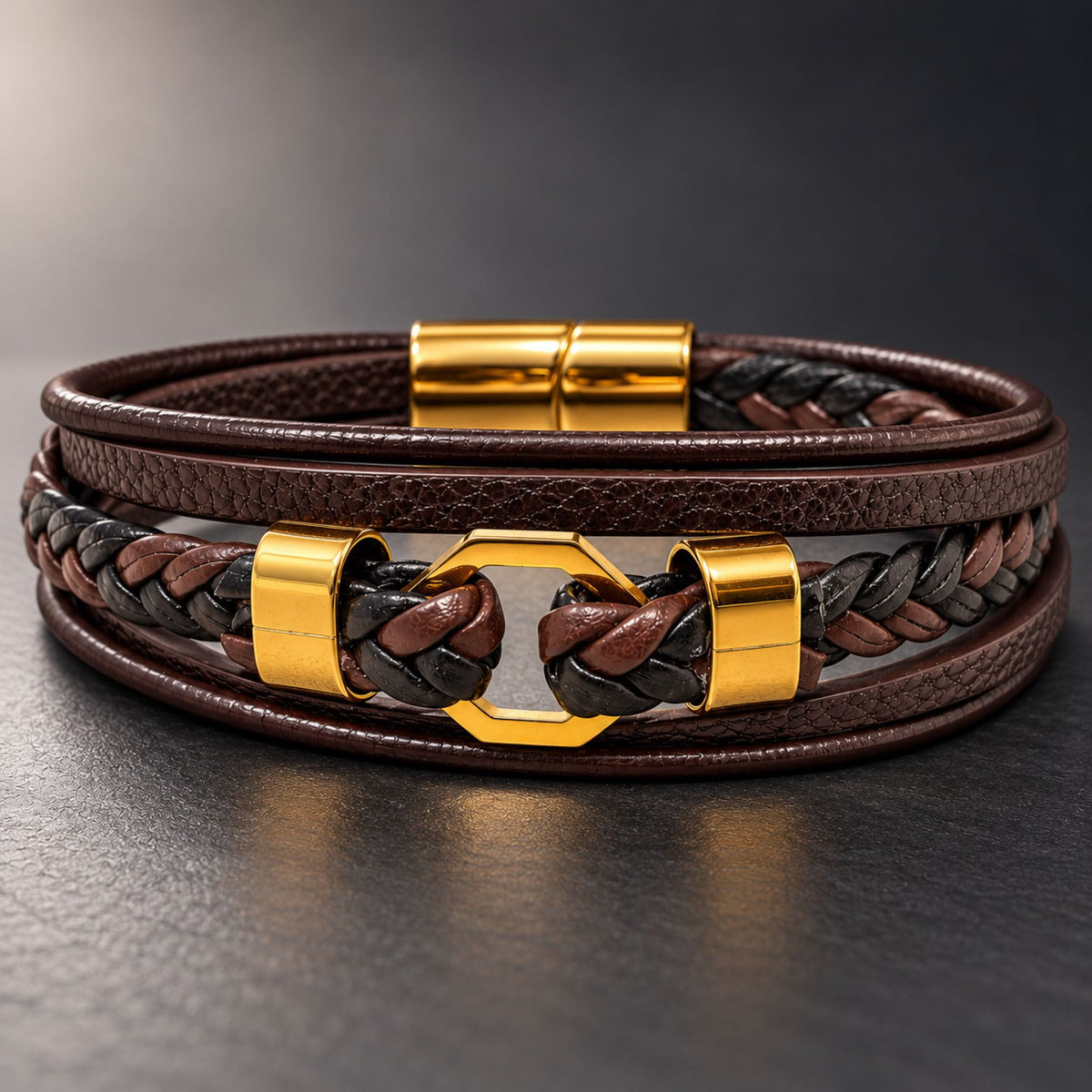 THE MEN THING Leather Bracelet HEX KNOT - Genuine Leather Multi-Layer Bracelet with Stainless Steel Magnetic Buckle for Men & Boys (8 inch)