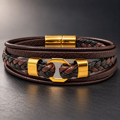 THE MEN THING Leather Bracelet HEX KNOT - Genuine Leather Multi-Layer Bracelet with Stainless Steel Magnetic Buckle for Men & Boys (8 inch)