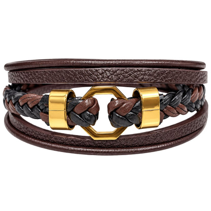 THE MEN THING Leather Bracelet HEX KNOT - Genuine Leather Multi-Layer Bracelet with Stainless Steel Magnetic Buckle for Men & Boys (8 inch)