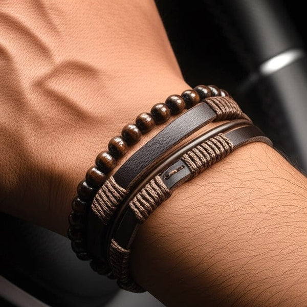 HIGHLAND CUFF - 3 Pcs Genuine Braided Leather Bracelet Set for Men & Boys (8 inch)