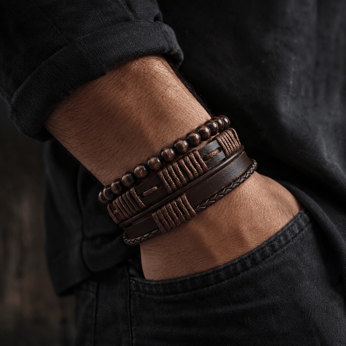 THE MEN THING Leather Bracelet HIGHLAND CUFF - 3 Pcs Genuine Braided Leather Bracelet Set for Men & Boys (8 inch)