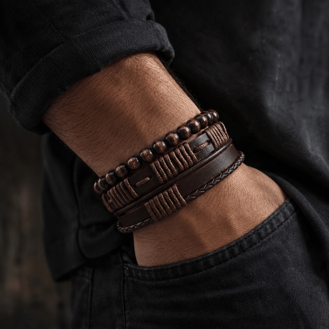 THE MEN THING Leather Bracelet HIGHLAND CUFF - 3 Pcs Genuine Braided Leather Bracelet Set for Men & Boys (8 inch)