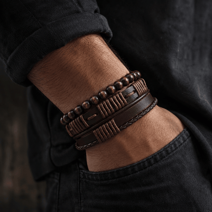 THE MEN THING Leather Bracelet HIGHLAND CUFF - 3 Pcs Genuine Braided Leather Bracelet Set for Men & Boys (8 inch)