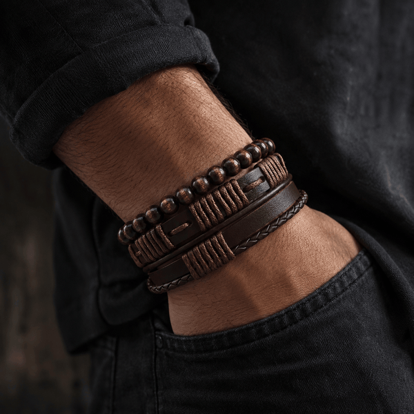 HIGHLAND CUFF - 3 Pcs Genuine Braided Leather Bracelet Set for Men & Boys (8 inch)