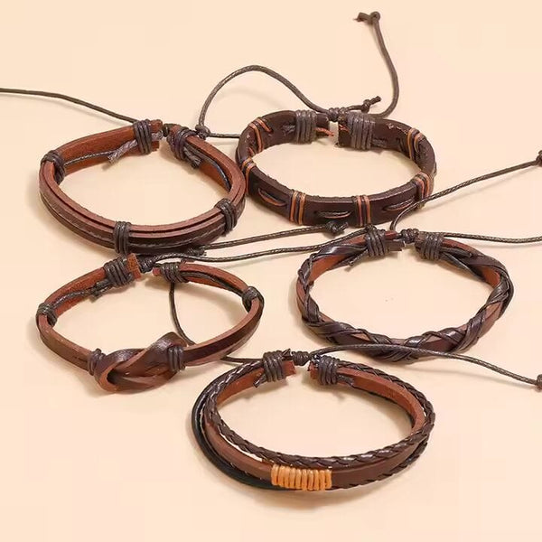 HISTORIC WEAVE -  5 Pcs Genuine Braided Leather Bracelet Set for Men & Boys (8 inch)