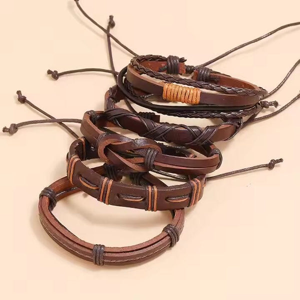 HISTORIC WEAVE -  5 Pcs Genuine Braided Leather Bracelet Set for Men & Boys (8 inch)