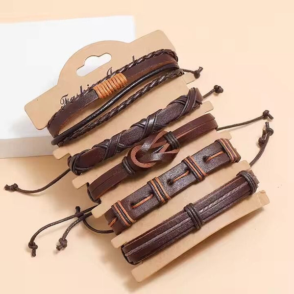 HISTORIC WEAVE -  5 Pcs Genuine Braided Leather Bracelet Set for Men & Boys (8 inch)
