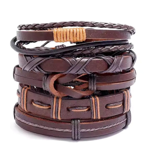 HISTORIC WEAVE -  5 Pcs Genuine Braided Leather Bracelet Set for Men & Boys (8 inch)