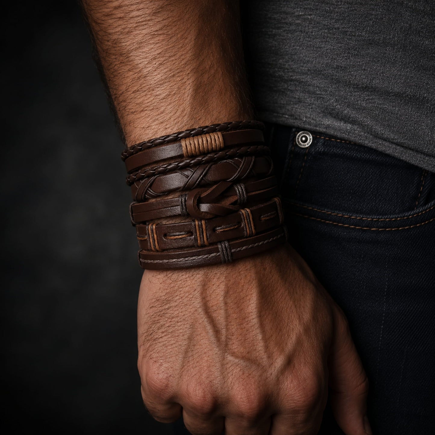 THE MEN THING Leather Bracelet HISTORIC WEAVE -  5 Pcs Genuine Braided Leather Bracelet Set for Men & Boys (8 inch)