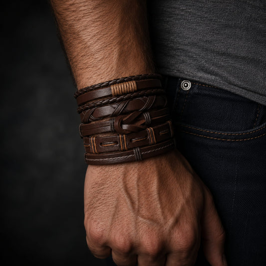 THE MEN THING Leather Bracelet HISTORIC WEAVE -  5 Pcs Genuine Braided Leather Bracelet Set for Men & Boys (8 inch)