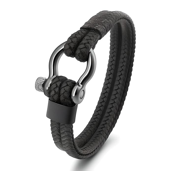 THE MEN THING Leather Bracelet HORSESHOE BUCKLE BLACK - Genuine Leather Braided Bracelet with Stainless Steel Clasp Pin for Men & Boys (8 inch)