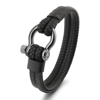 THE MEN THING Leather Bracelet HORSESHOE BUCKLE BLACK - Genuine Leather Braided Bracelet with Stainless Steel Clasp Pin for Men & Boys (8 inch)