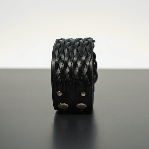 INFERNO TWIST - 50.5mm Black Genuine Leather Adjustable Bracelet for Men & Boys (9 inch)