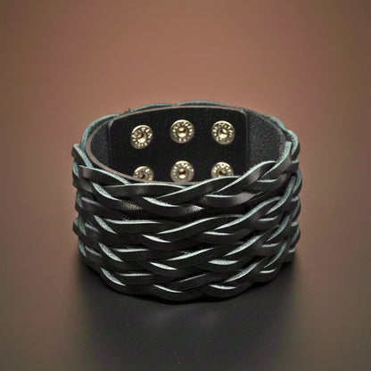 THE MEN THING Leather Bracelet INFERNO TWIST - 50.5mm Black Genuine Leather Adjustable Bracelet for Men & Boys (9 inch)