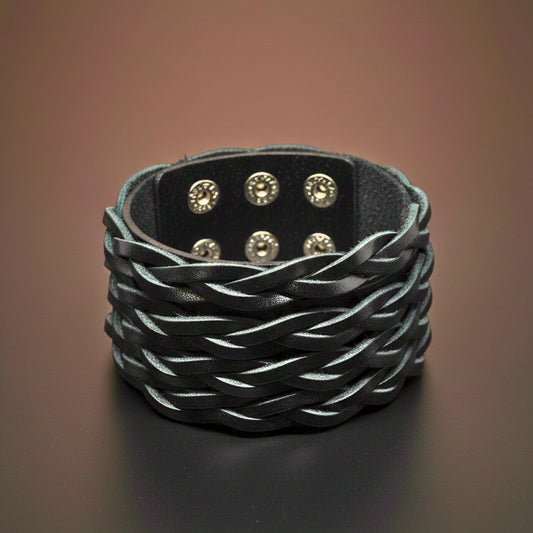 THE MEN THING Leather Bracelet INFERNO TWIST - 50.5mm Black Genuine Leather Adjustable Bracelet for Men & Boys (9 inch)