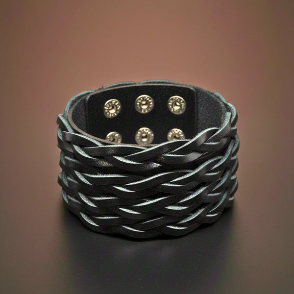 INFERNO TWIST - 50.5mm Black Genuine Leather Adjustable Bracelet for Men & Boys (9 inch)