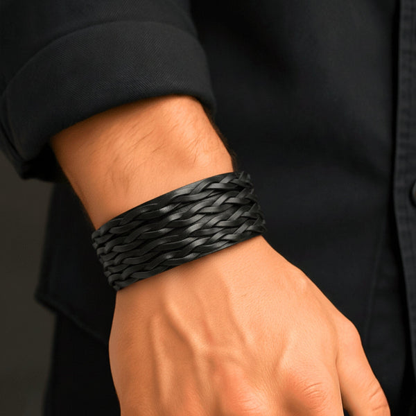 INFERNO TWIST - 50.5mm Black Genuine Leather Adjustable Bracelet for Men & Boys (9 inch)