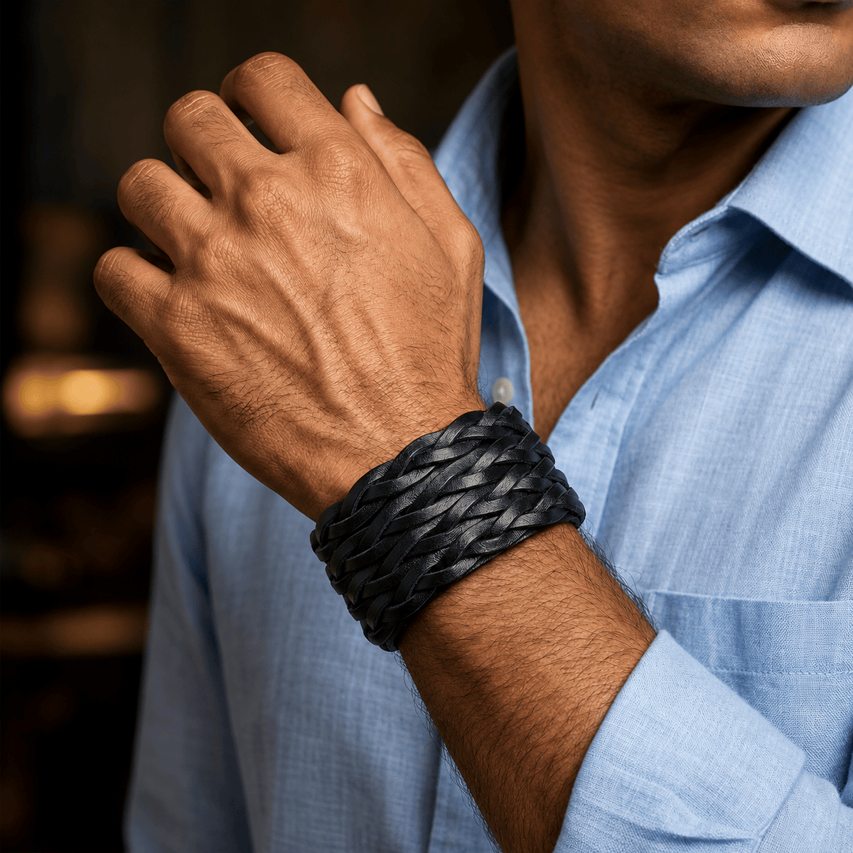 THE MEN THING Leather Bracelet INFERNO TWIST - 50.5mm Black Genuine Leather Adjustable Bracelet for Men & Boys (9 inch)
