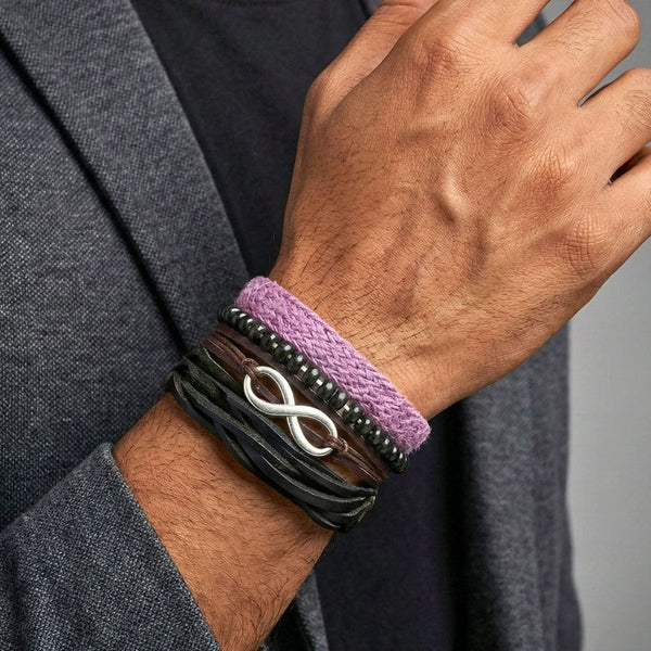 INFINITE LEGACY - 4 Pcs Genuine Braided Leather Bracelet Set for Men & Boys (8 inch)