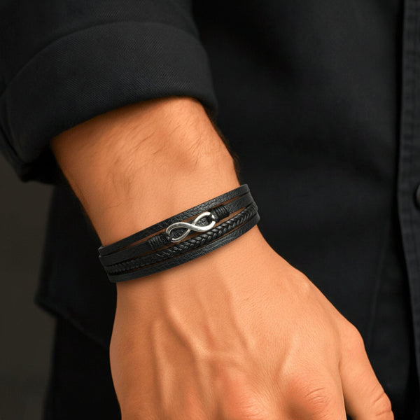 INFINITE ROGUE - Black 25mm Genuine Leather Multi-Layer Braided Bracelet with Stainless Steel Magnetic Buckle for Men & Boys (8 inch)