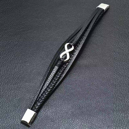 THE MEN THING Leather Bracelet INFINITE ROGUE - Black 25mm Genuine Leather Multi-Layer Braided Bracelet with Stainless Steel Magnetic Buckle for Men & Boys (8 inch)