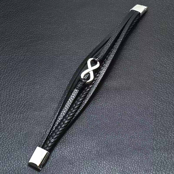 INFINITE ROGUE - Black 25mm Genuine Leather Multi-Layer Braided Bracelet with Stainless Steel Magnetic Buckle for Men & Boys (8 inch)