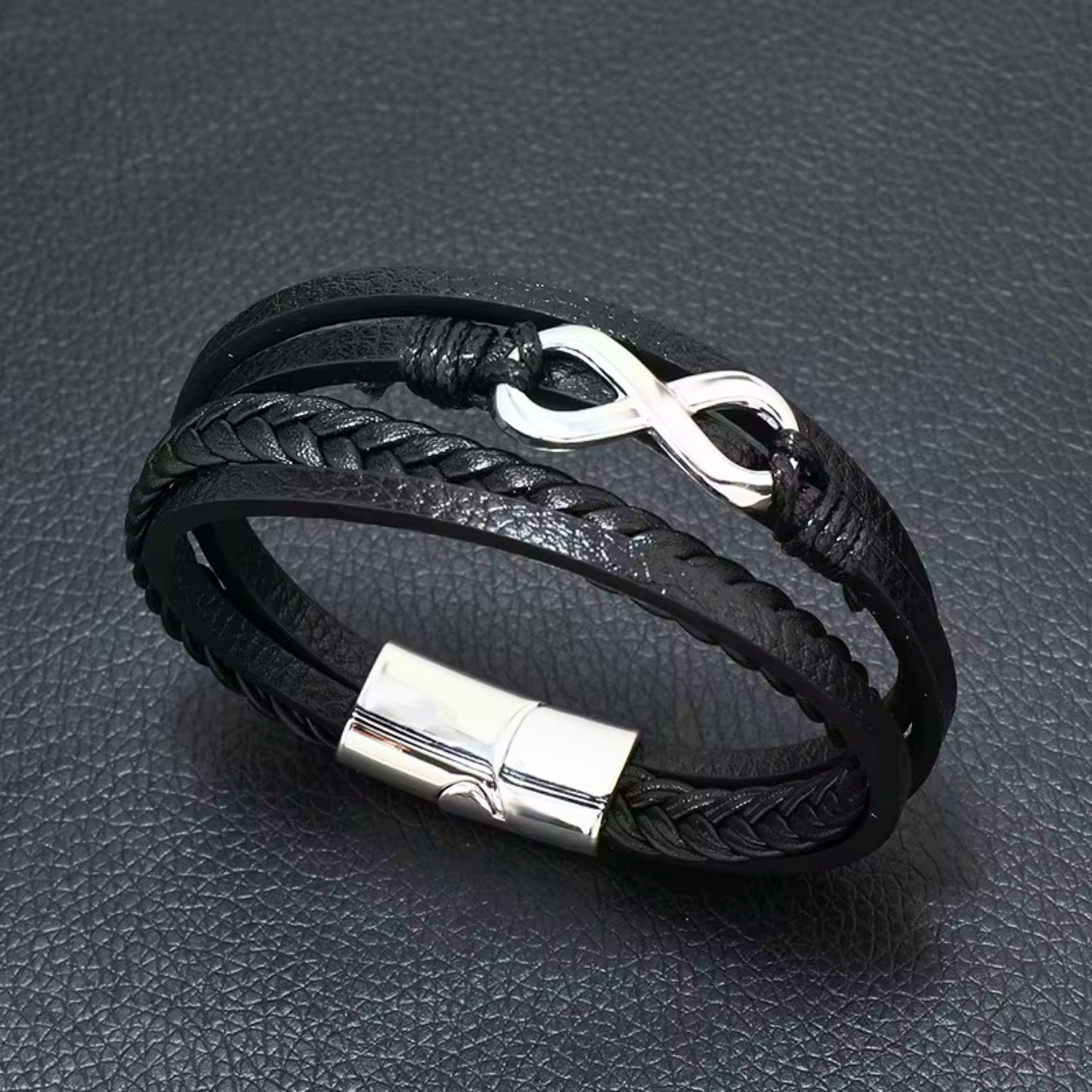 THE MEN THING Leather Bracelet INFINITE ROGUE - Black 25mm Genuine Leather Multi-Layer Braided Bracelet with Stainless Steel Magnetic Buckle for Men & Boys (8 inch)