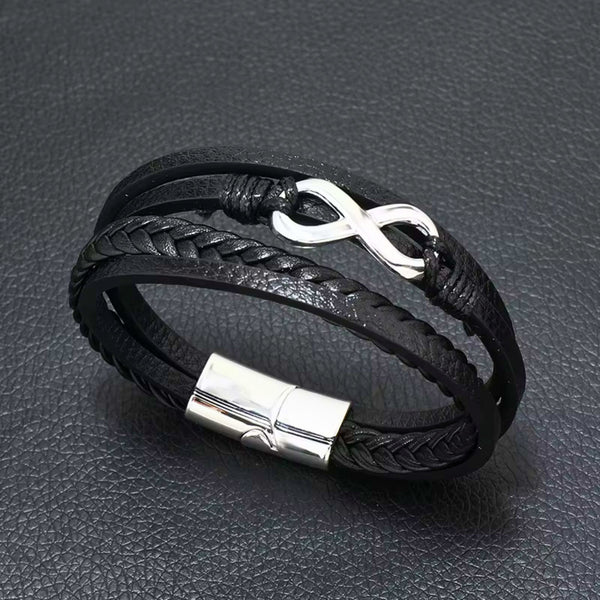 INFINITE ROGUE - Black 25mm Genuine Leather Multi-Layer Braided Bracelet with Stainless Steel Magnetic Buckle for Men & Boys (8 inch)