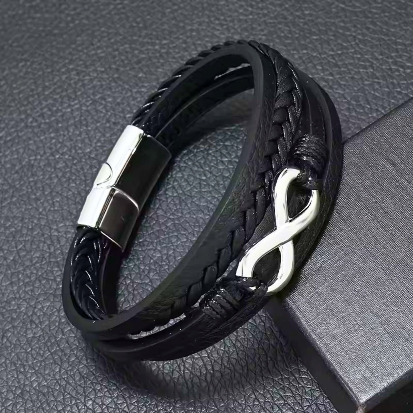 THE MEN THING Leather Bracelet INFINITE ROGUE - Black 25mm Genuine Leather Multi-Layer Braided Bracelet with Stainless Steel Magnetic Buckle for Men & Boys (8 inch)