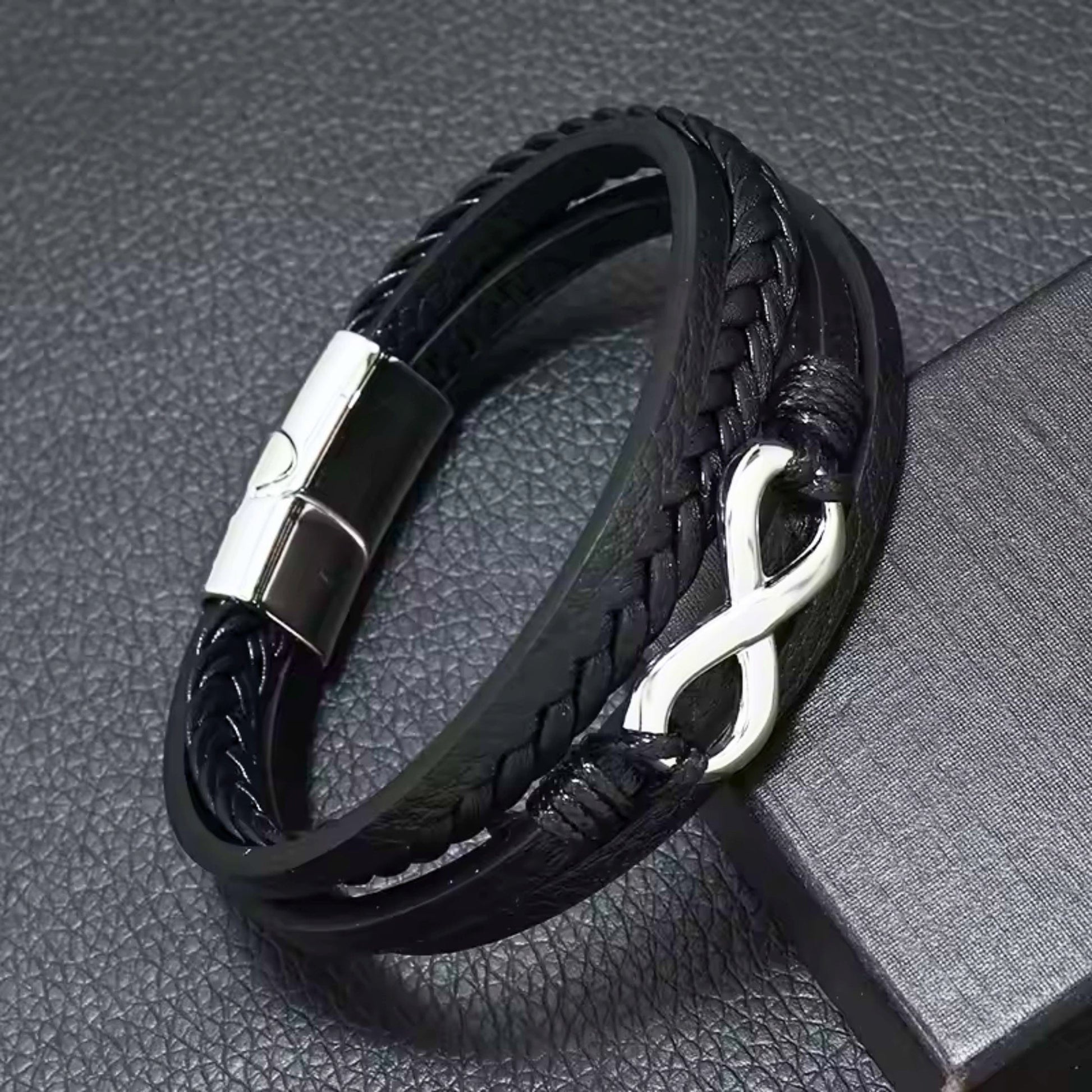 THE MEN THING Leather Bracelet INFINITE ROGUE - Black 25mm Genuine Leather Multi-Layer Braided Bracelet with Stainless Steel Magnetic Buckle for Men & Boys (8 inch)