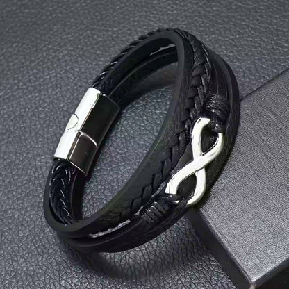 THE MEN THING Leather Bracelet INFINITE ROGUE - Black 25mm Genuine Leather Multi-Layer Braided Bracelet with Stainless Steel Magnetic Buckle for Men & Boys (8 inch)