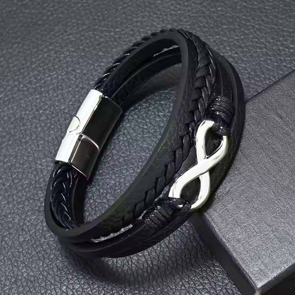 INFINITE ROGUE - Black 25mm Genuine Leather Multi-Layer Braided Bracelet with Stainless Steel Magnetic Buckle for Men & Boys (8 inch)