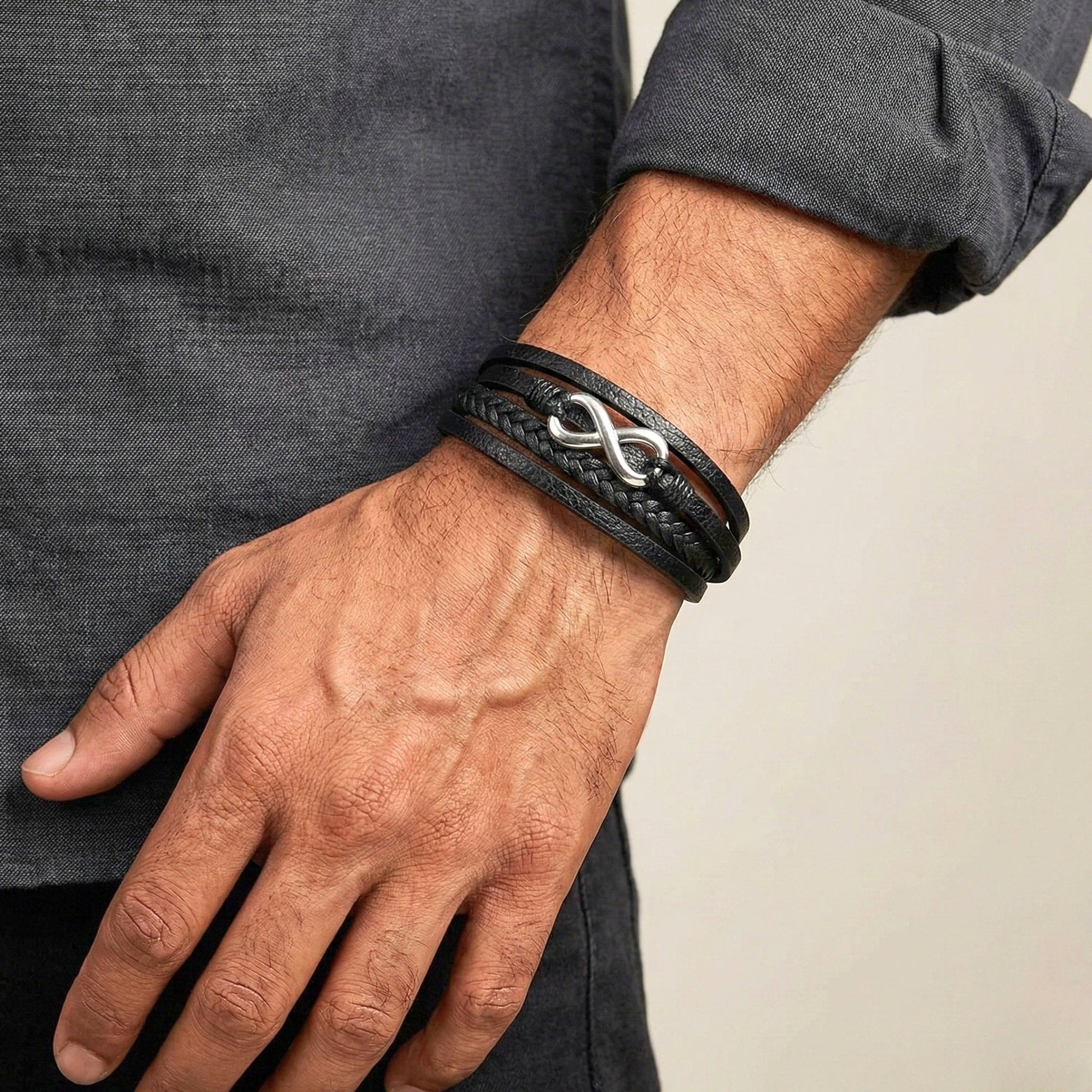 THE MEN THING Leather Bracelet INFINITE ROGUE - Black 25mm Genuine Leather Multi-Layer Braided Bracelet with Stainless Steel Magnetic Buckle for Men & Boys (8 inch)