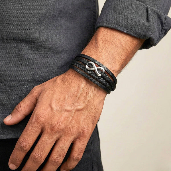 INFINITE ROGUE - Black 25mm Genuine Leather Multi-Layer Braided Bracelet with Stainless Steel Magnetic Buckle for Men & Boys (8 inch)
