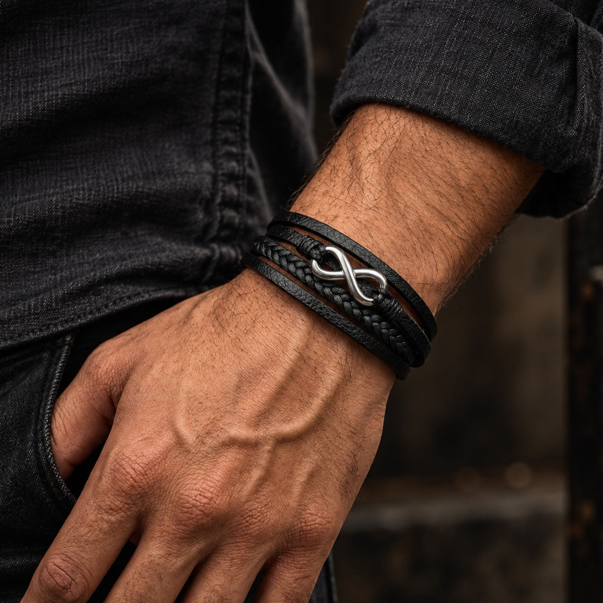 THE MEN THING Leather Bracelet INFINITE ROGUE - Black 25mm Genuine Leather Multi-Layer Braided Bracelet with Stainless Steel Magnetic Buckle for Men & Boys (8 inch)