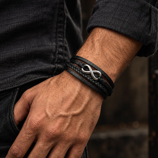 THE MEN THING Leather Bracelet INFINITE ROGUE - Black 25mm Genuine Leather Multi-Layer Braided Bracelet with Stainless Steel Magnetic Buckle for Men & Boys (8 inch)
