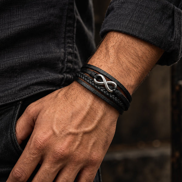 INFINITE ROGUE - Black 25mm Genuine Leather Multi-Layer Braided Bracelet with Stainless Steel Magnetic Buckle for Men & Boys (8 inch)