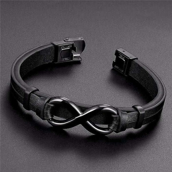 इन्फिनिटी 8 काला - पुरुषों और लड़कों के लिए स्टेनलेस स्टील हुक के साथ असली लेदर डबल लेयर ब्रेसलेट (8 इंच)