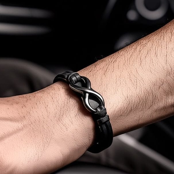 THE MEN THING Leather Bracelet INFINITY 8 BLACK - Genuine Leather Double Layer Bracelet with Stainless Steel Hook for Men & Boys (8 inch)