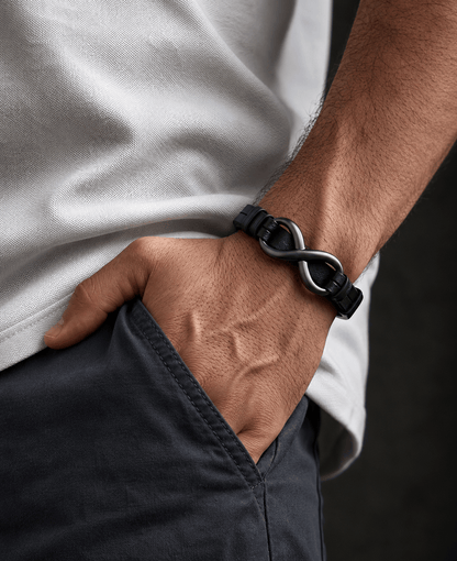 THE MEN THING Leather Bracelet INFINITY 8 BLACK - Genuine Leather Double Layer Bracelet with Stainless Steel Hook for Men & Boys (8 inch)